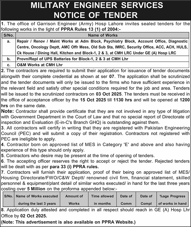 Military Engineering Services Lahore Tender Notice
